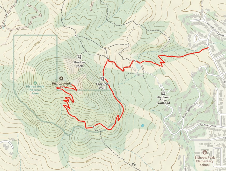 map of our usual route at Bishop Peak